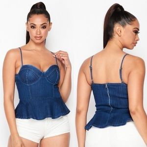 Dark Stretch Denim Sweetheart Bustier Peplum Top